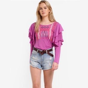 Free People La Cienga Long Sleeve Boho Ruffle Top